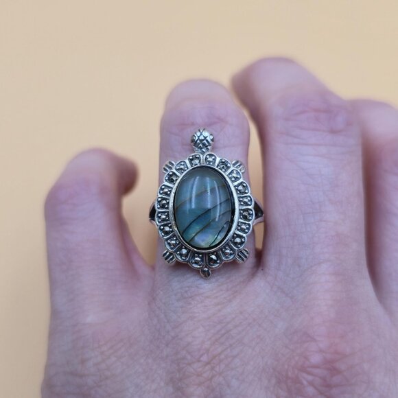 Size 7 Sterling Silver Abalone Shell And Marcasite Turtle Ring A5342 - Picture 4 of 9